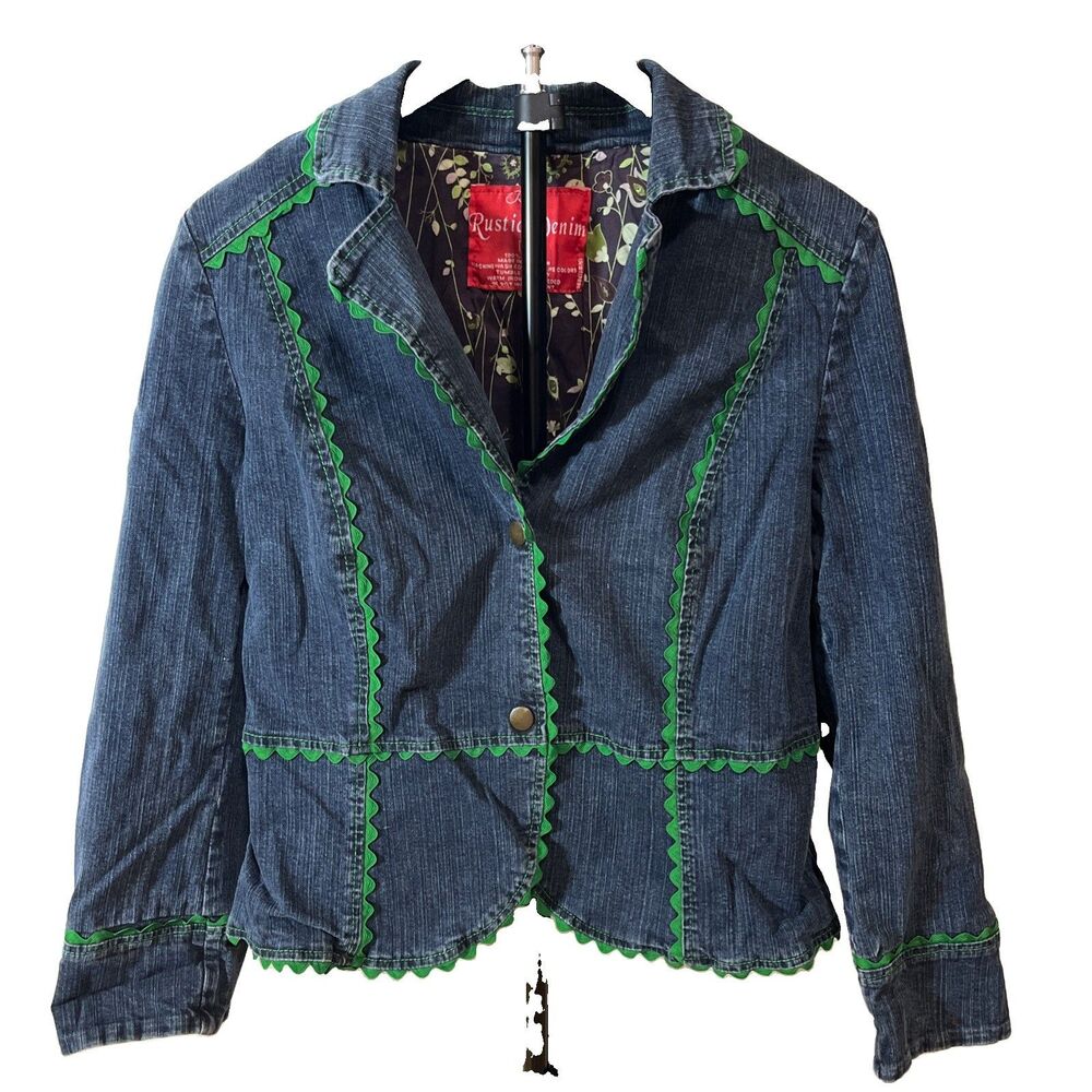 Rustic Denim Jacket Womens XL Blue Wash Cropped Rickrack Trim 80s Retro Snaps